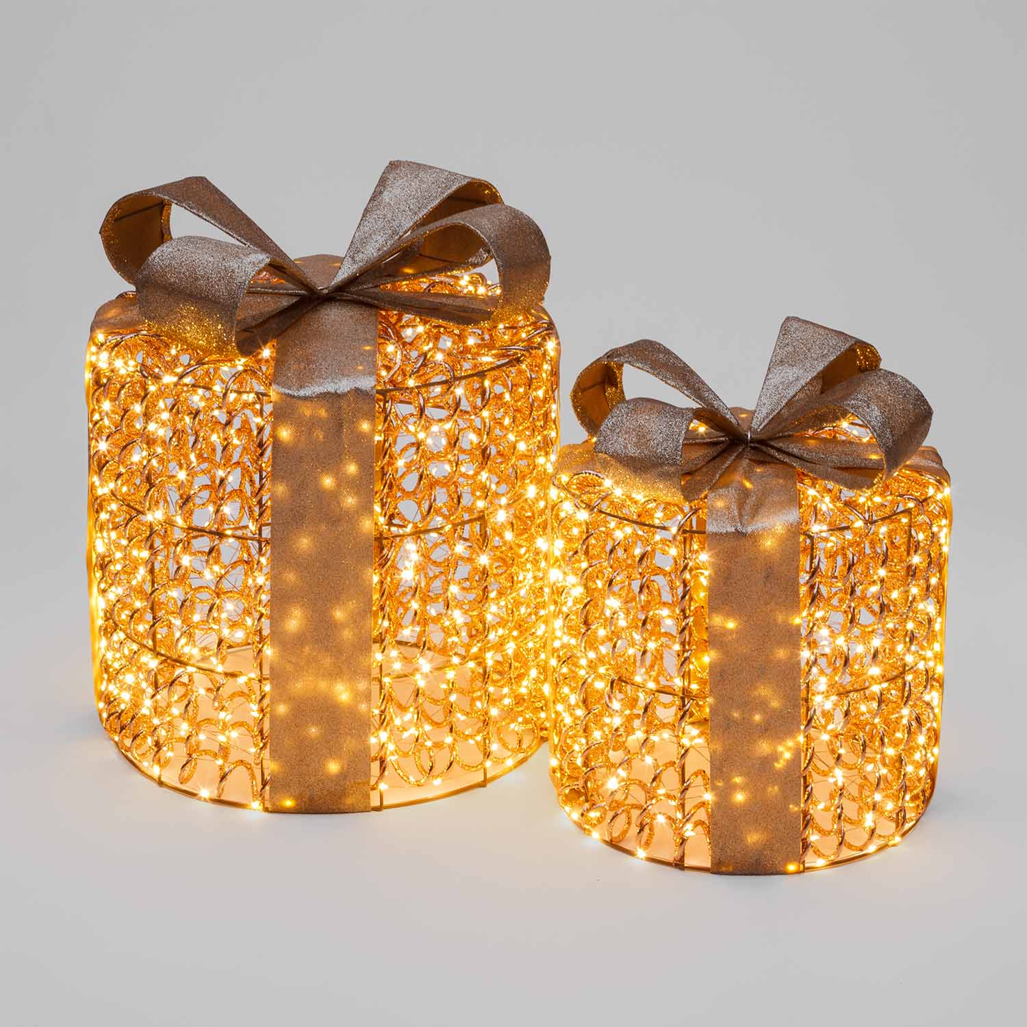 Set 2 Pacchi Regalo 3D Rose Gold, filo a spirale, forma cilindrica, led bianco caldo