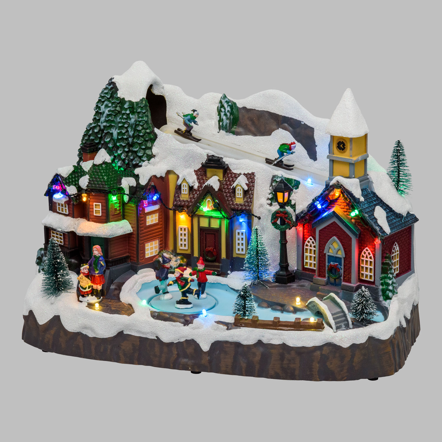 Weihnachtsdorf, mit Skifahrern und rotierenden Schlittschuhläufern, h 24 cm, mit Weihnachtsliedern 4 Weihnachtsdorf, mit Skifahrern und rotierenden Schlittschuhläufern, h 24 cm, mit Weihnachtsliedern 4