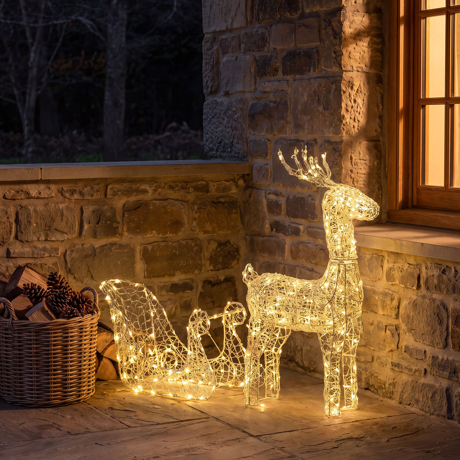 Rentier mit Schlitten weiches Akryl, 90 cm, 240 LEDs warmweiß