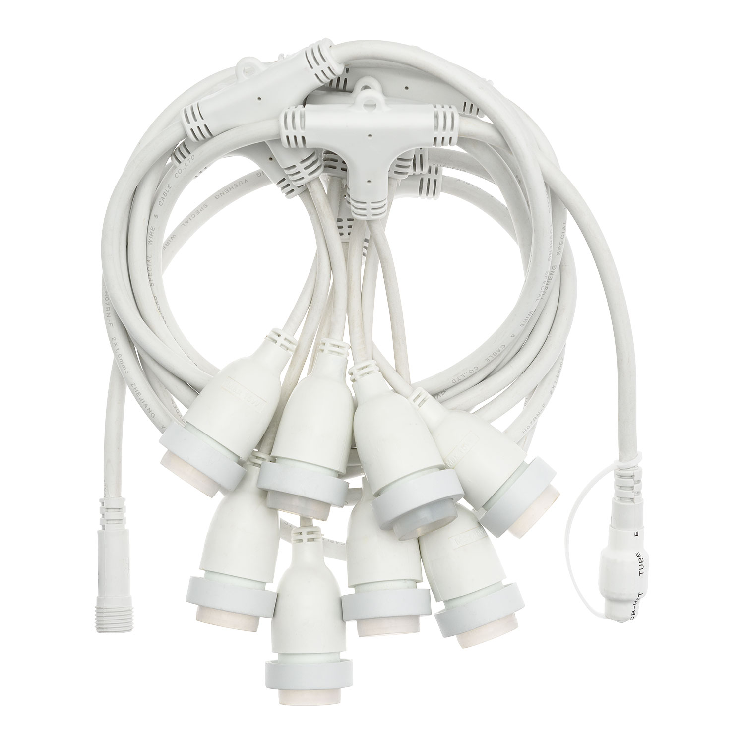 Catenaria con 8 portalampade pendenti E27, h 30 cm, 5 metri, cavo bianco, prolungabile 4 Catenaria con 8 portalampade pendenti E27, h 30 cm, 5 metri, cavo bianco, prolungabile 4