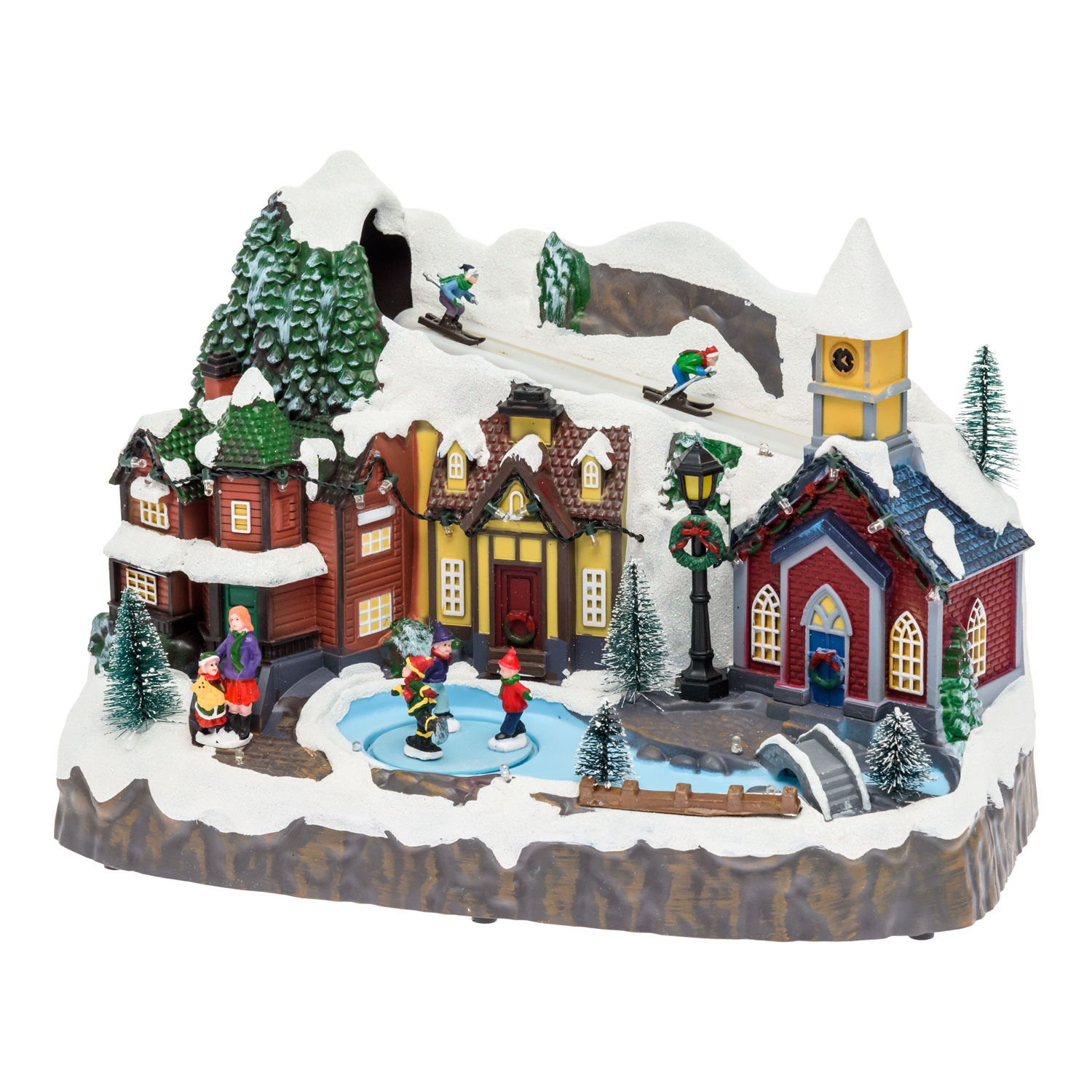 Weihnachtsdorf, mit Skifahrern und rotierenden Schlittschuhläufern, h 24 cm, mit Weihnachtsliedern 8 Weihnachtsdorf, mit Skifahrern und rotierenden Schlittschuhläufern, h 24 cm, mit Weihnachtsliedern 8