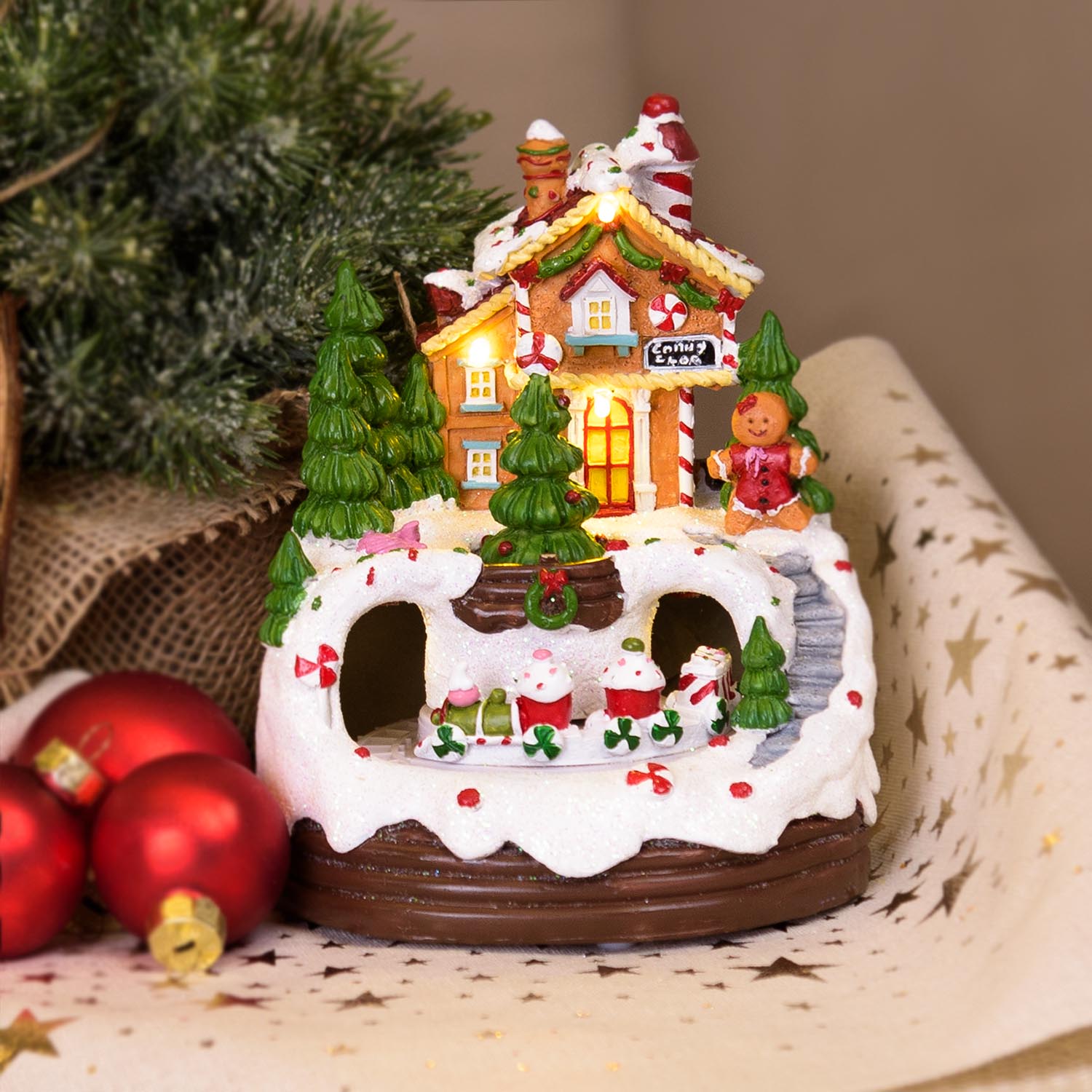 Paysage enneigé Maison en pain d'épice, Petir Train Cake en mouvement rotatif, h 16 cm, musiques de Noël Paysage enneigé Maison en pain d'épice, Petir Train Cake en mouvement rotatif, h 16 cm, musiques de Noël