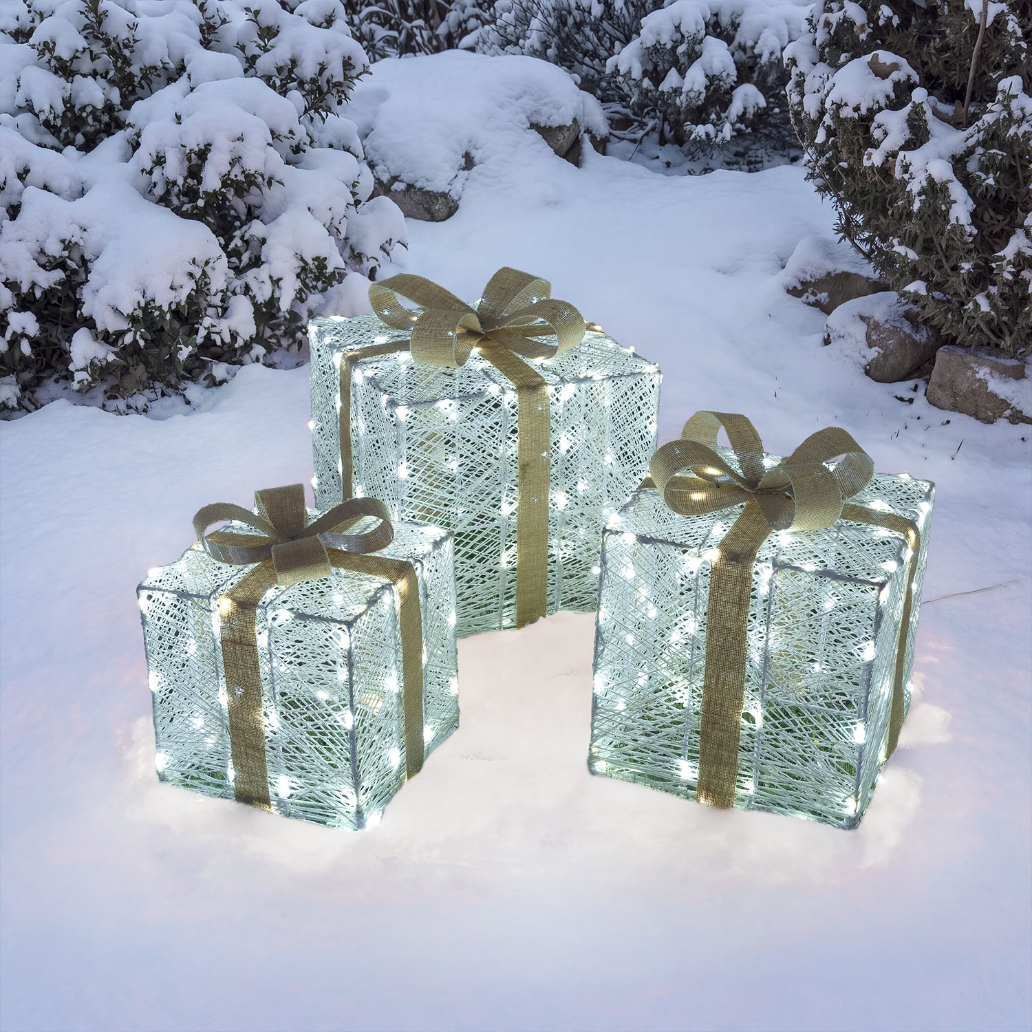 Set of 3 3D Gift Boxes, Light Cream & Brown, 240 Dual LEDs in Traditional Warm White and Cold White 12