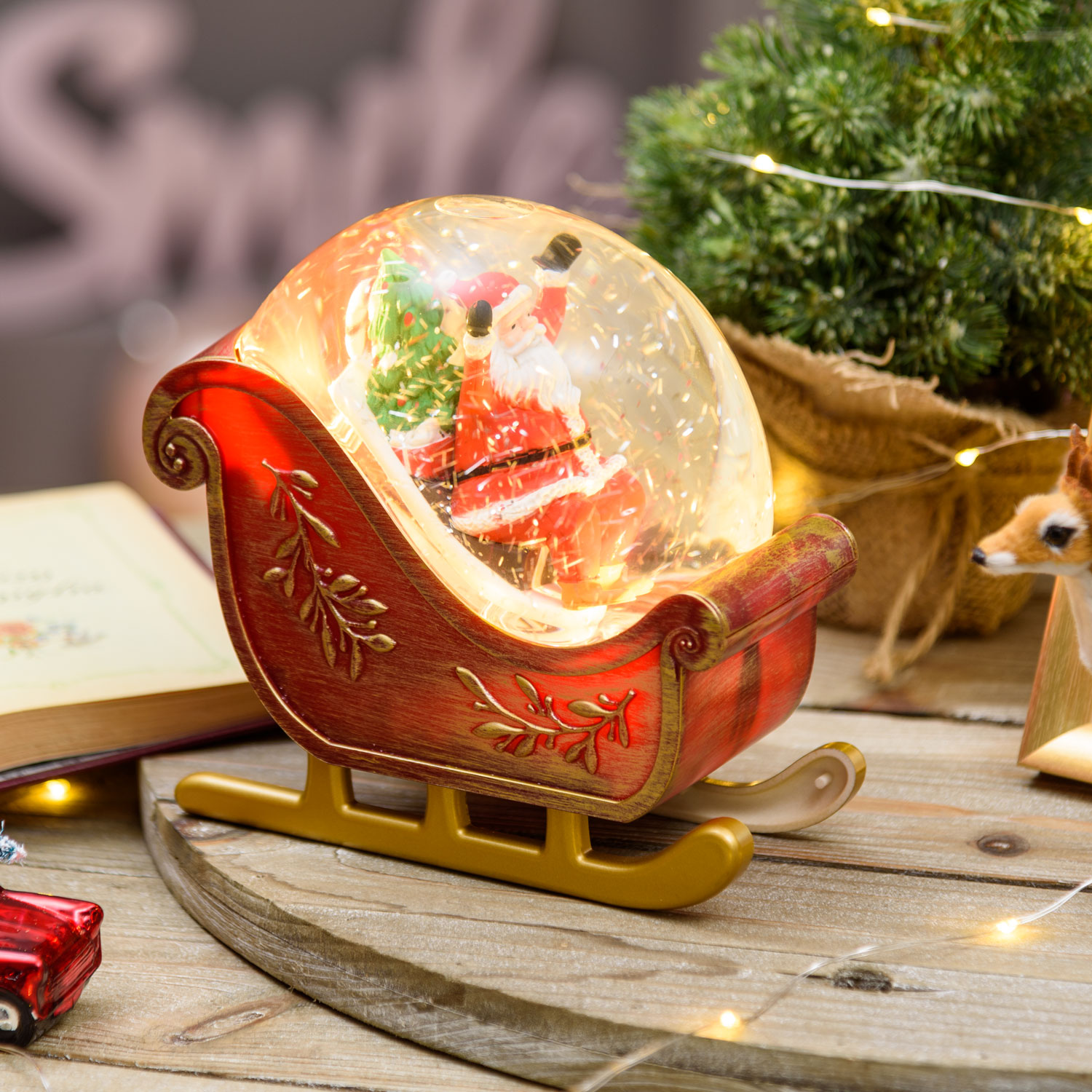 h 17.5cm, Warm White LEDs, Red Christmas Sleigh Lantern with Glitter Sparkling h 17.5cm, Warm White LEDs, Red Christmas Sleigh Lantern with Glitter Sparkling