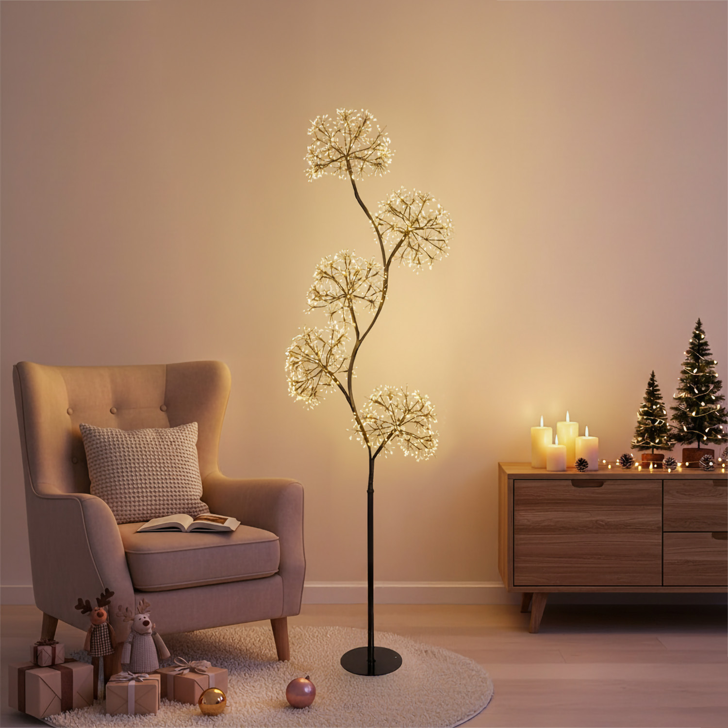 Black Tree, Branch with 5 RICCO spheres, h 1,7 m, 1800 warm white microLEDs, indoor