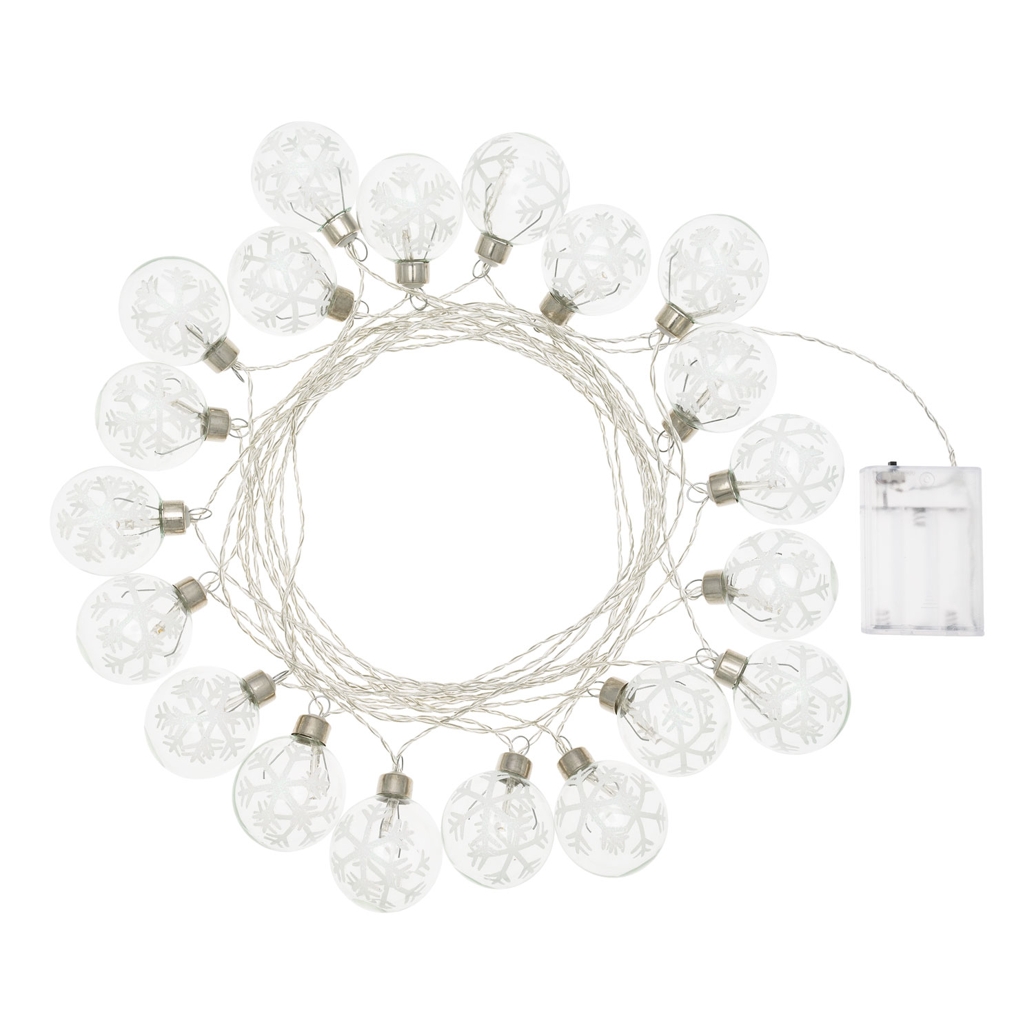 6,65m, 20 Glass Spheres with Snowflakes Battery String Lights, Ø 50mm, Warm WhiteLEDs 2 6,65m, 20 Glass Spheres with Snowflakes Battery String Lights, Ø 50mm, Warm WhiteLEDs 2