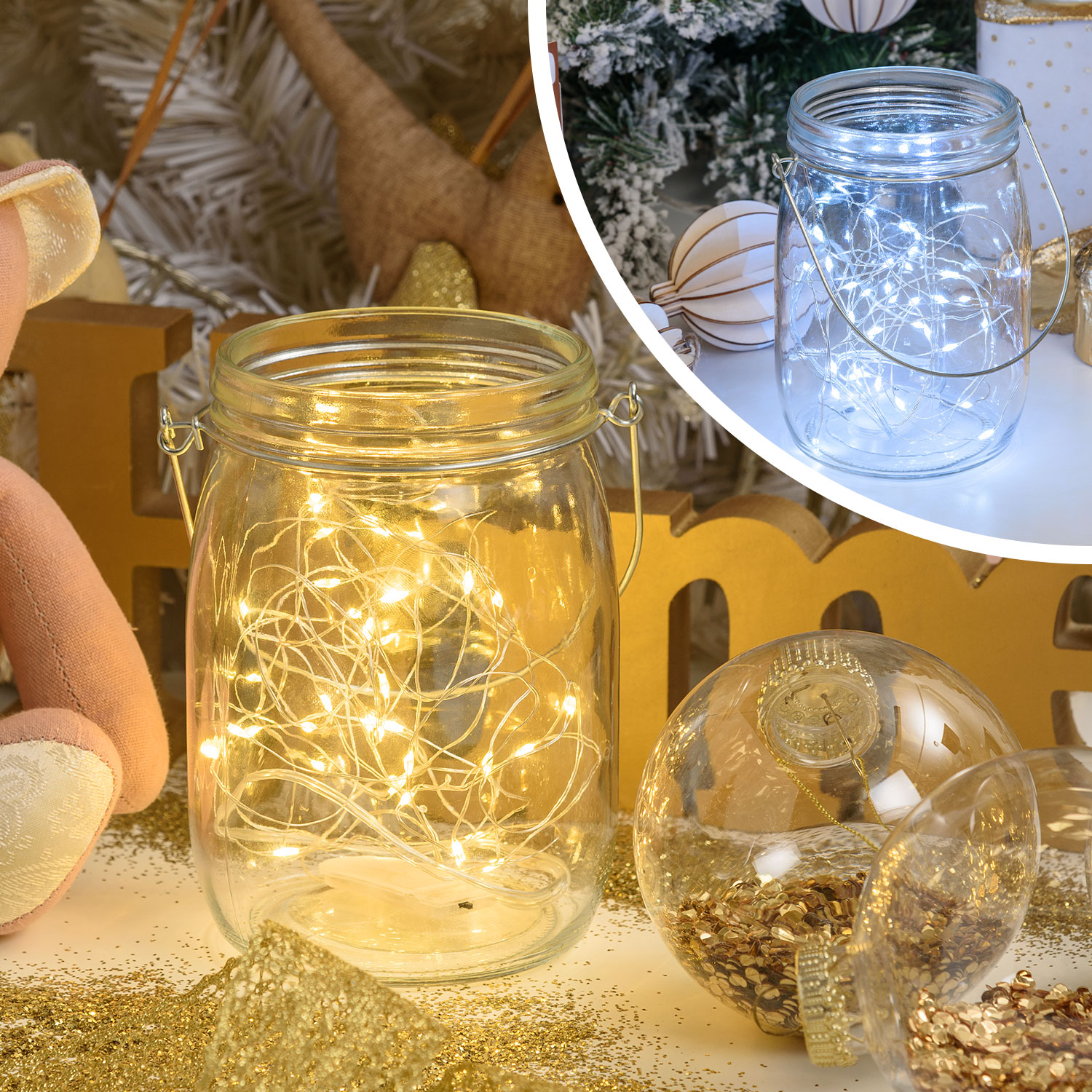 Transparentes Einweckglas Ø11 x h 15,5 cm, 80 MicroLEDs kalt- und warmweiß, batteriebetrieben Transparentes Einweckglas Ø11 x h 15,5 cm, 80 MicroLEDs kalt- und warmweiß, batteriebetrieben