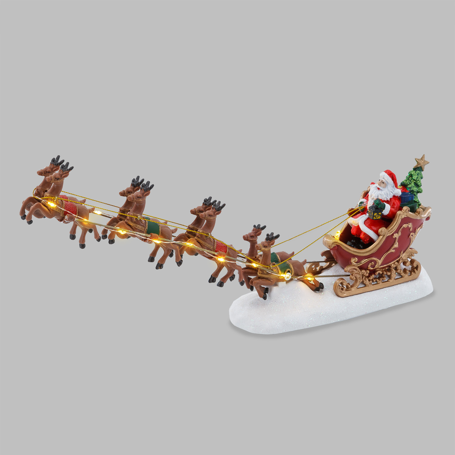 Villaggio di Natale, Babbo Natale su slitta e renne volanti, h 16 cm, led bianco caldo 5
