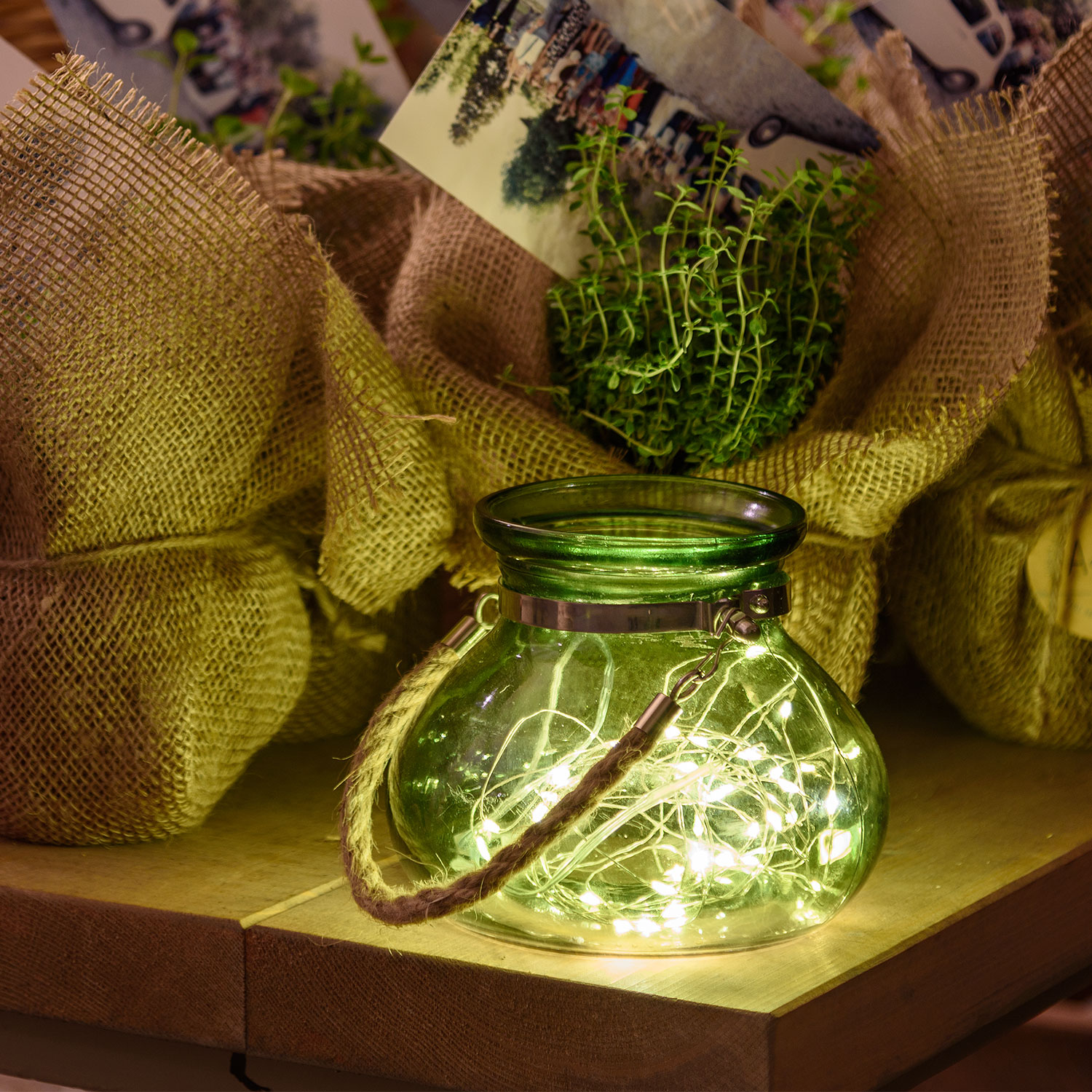 Vase en verre vert avec fil de lumière avec 40 MicroLED blanc chaud 5 Vase en verre vert avec fil de lumière avec 40 MicroLED blanc chaud 5