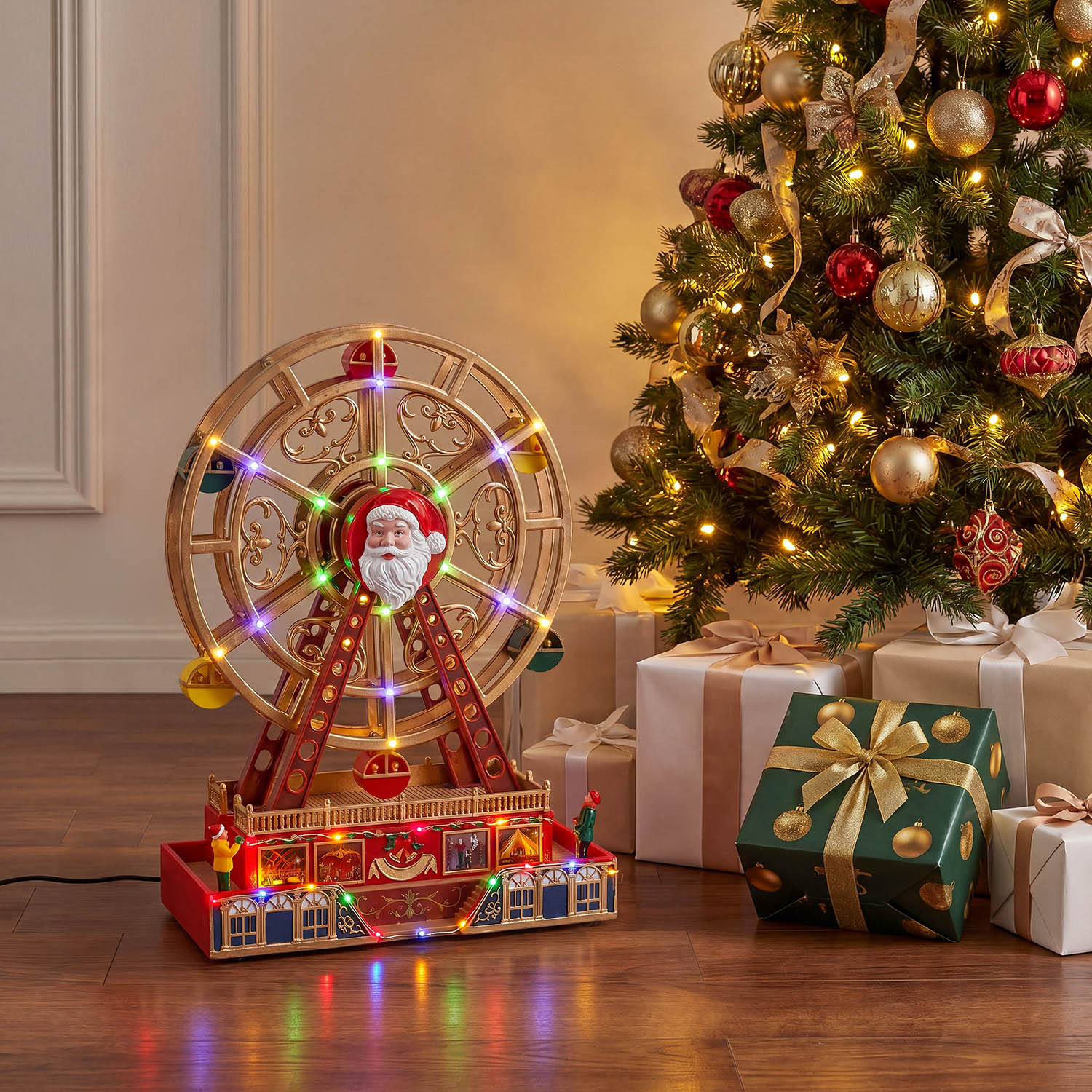 Villaggio di Natale, Ruota Panoramica Babbo Natale, h 36 cm, musiche natalizie