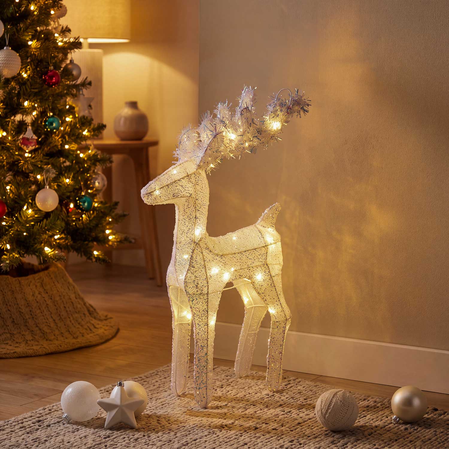Renne lumineux 3D en Tissu Blanc Irisé, 45 cm, LED blanc chaud, usage intérieur