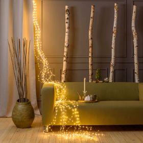4m 1200 Warm White and White MicroLEDs Cascade of Light with 15 falls, Silver Metal Wire