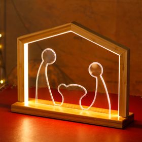 23.5cm Natural Wood and PVC Nativity with base, Design Wood Lights, Warm White Leds