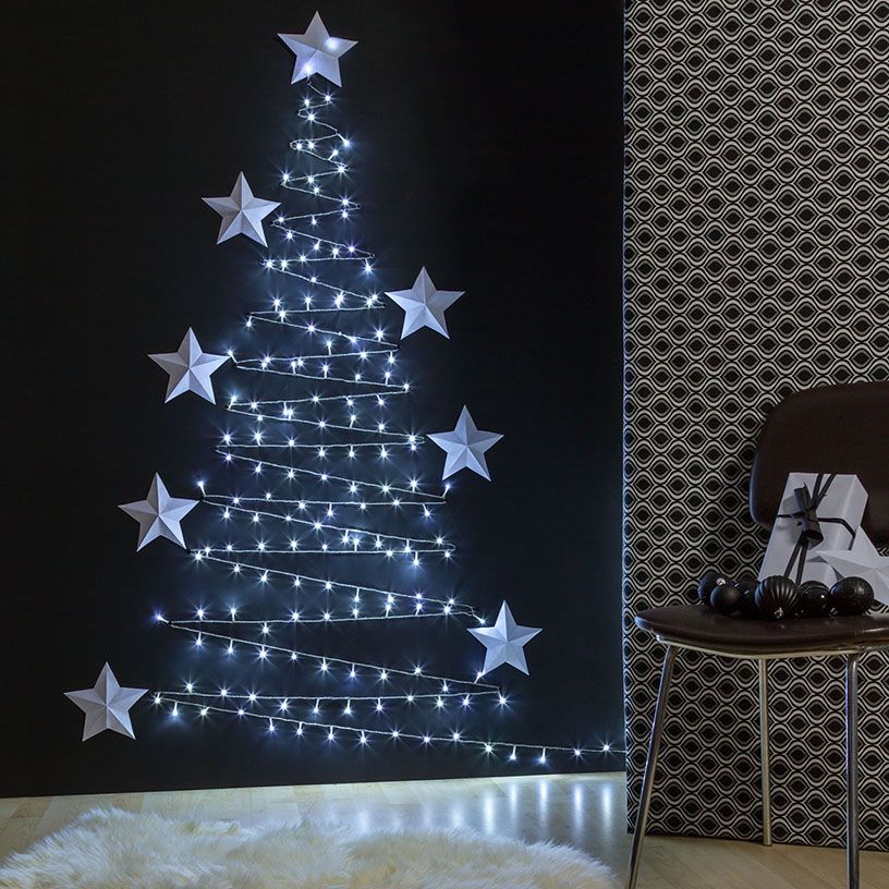 Catena di luci disposta a forma di albero di Natale sulla parete