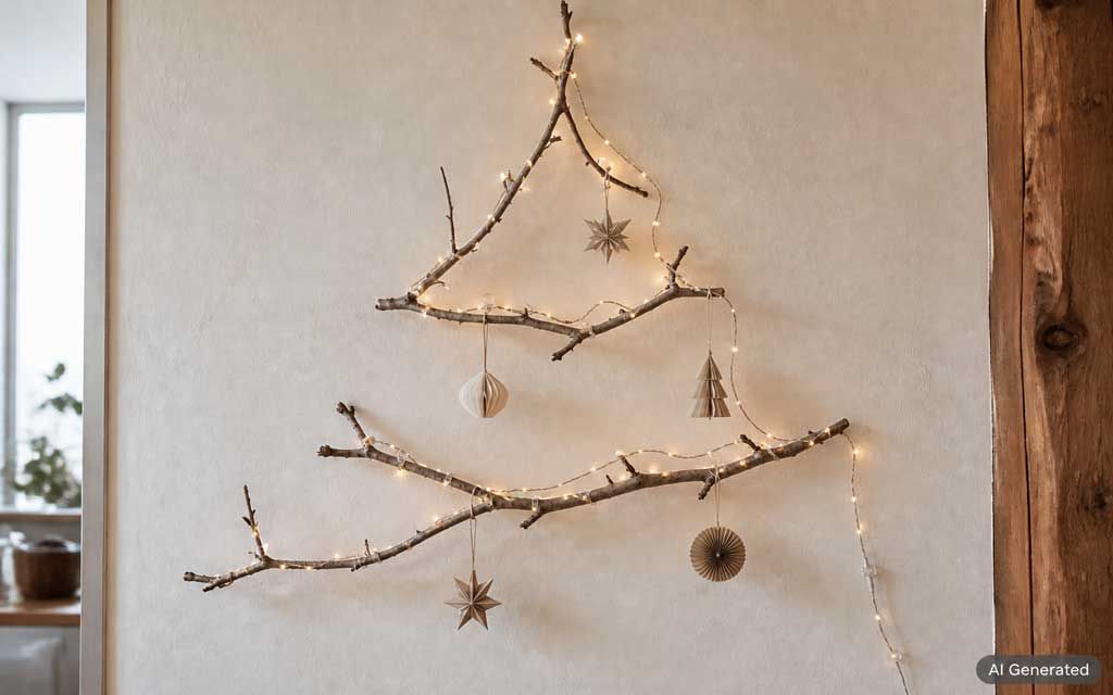 Albero di Natale da parete realizzato con rami secchi e microLED