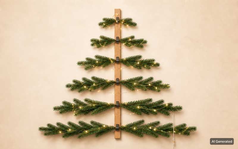 Albero di Natale da parete realizzato con rami di pino e microLED