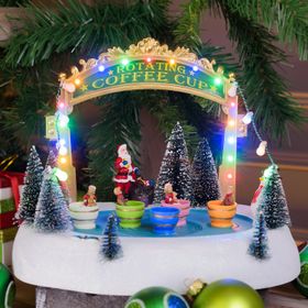 Villagio di Natale con Paesaggio Innevato Luna Park con Tazze rotanti in movimento, h 20 cm, musiche natalizie