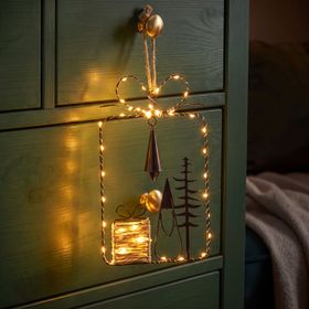 Battery-operated Christmas gift box to hang, 28 cm high, black metal with warm white MicroLEDs
